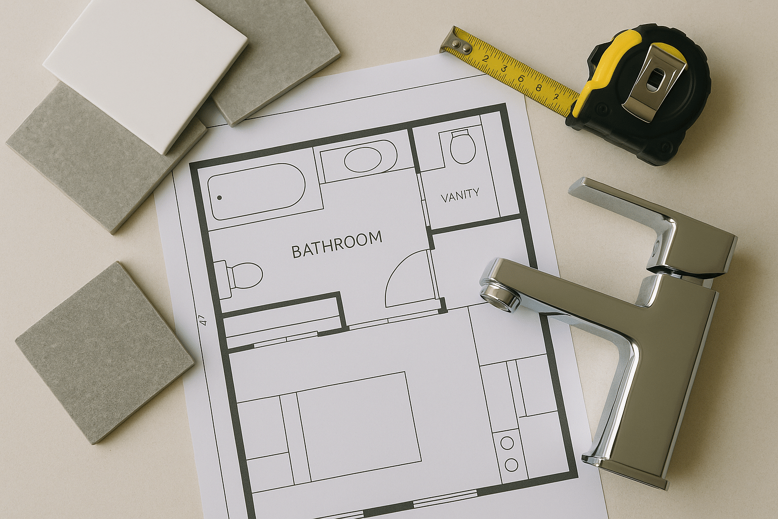 A flat-lay or side view of bathroom renovation plans laid beside tile samples, a tape measure, and tapware.