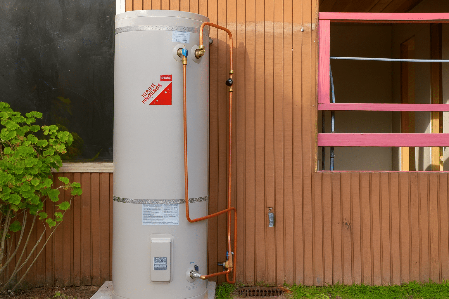 Hot water cylinder outside the house.