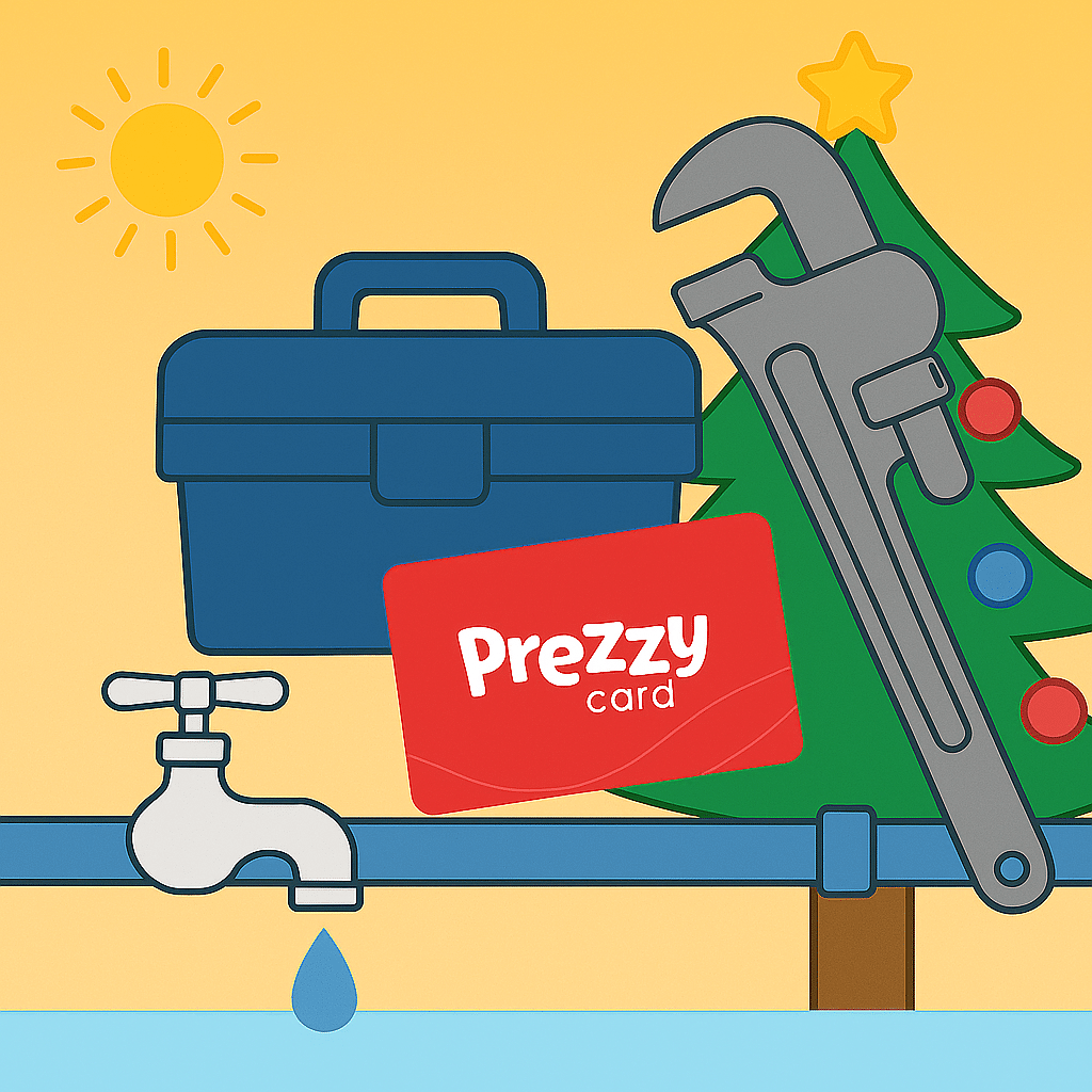 Prezzy Card giveaway for end of year plumbing special with wrench, toolbox, tap.