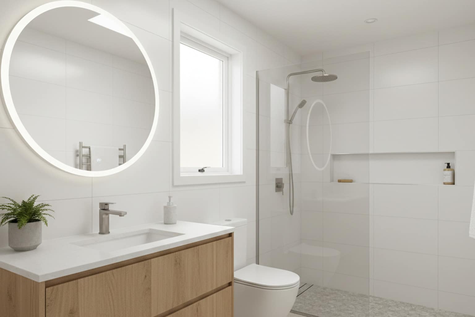 A bathroom featuring a toilet, shower, and sink, designed for functional and efficient use of space.