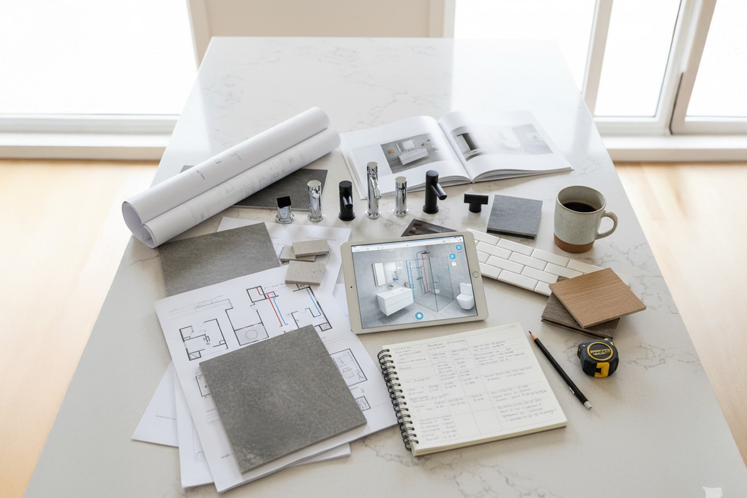 A table displaying a laptop, a notebook, a pen, and multiple cups with cup holders arranged neatly.
