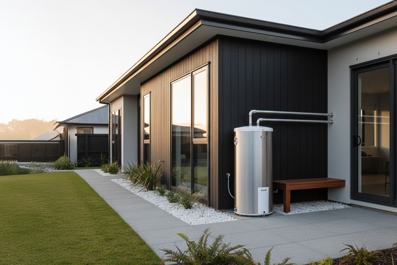 A modern home featuring a water heater and a well-maintained garden in the foreground.