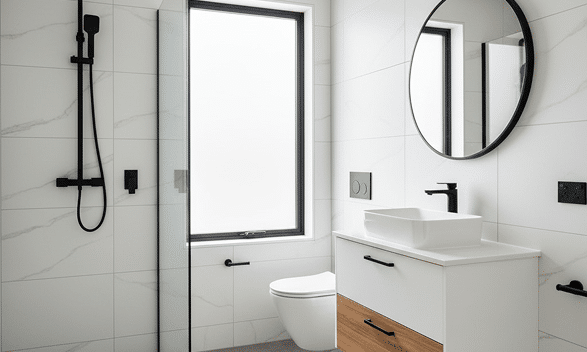 Minimalist bathroom design with black fixtures, a wall-mounted shower, white tiling, and a contrasting wooden drawer on the vanity cabinet.