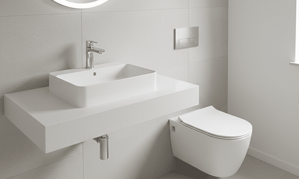 Minimalist bathroom design with black fixtures, a wall-mounted shower, white tiling, and a contrasting wooden drawer on the vanity cabinet.