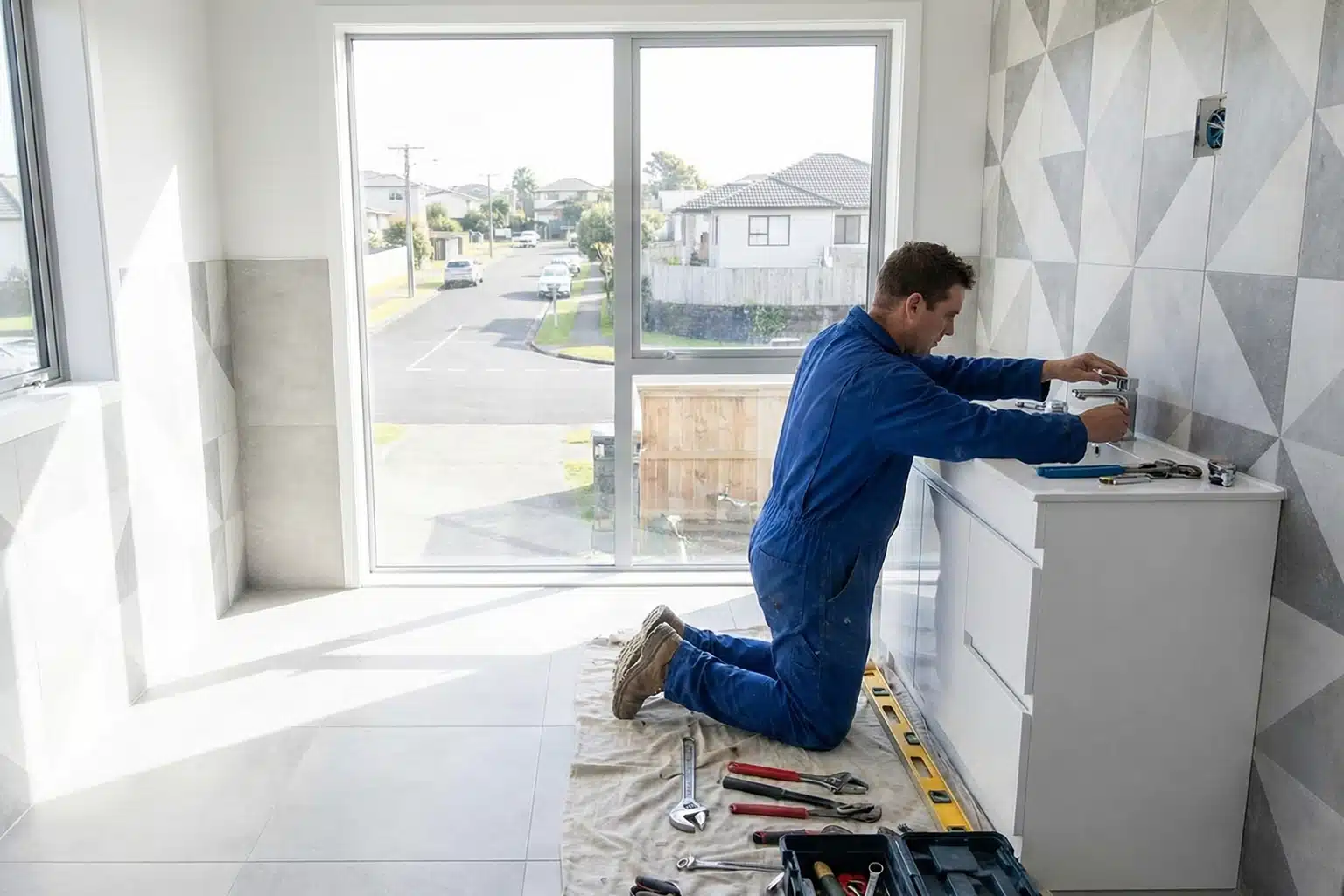 Side-by-side before and after of a budget bathroom renovation, showing an older cluttered vanity and towel rail updated to a clean modern layout with new bath, toilet, vanity, and floor tiles.