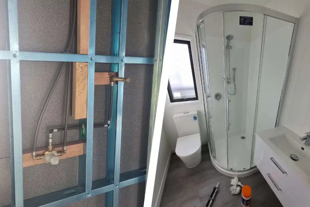 Split image showing granny flat foundation plumbing work beside a finished compact kitchen with sink and window.