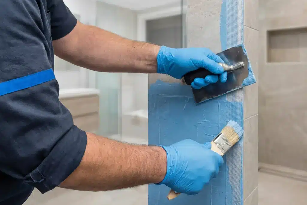 Tradesperson applies blue waterproofing membrane to bathroom wall tiles with a trowel and brush during a budget bathroom renovation.