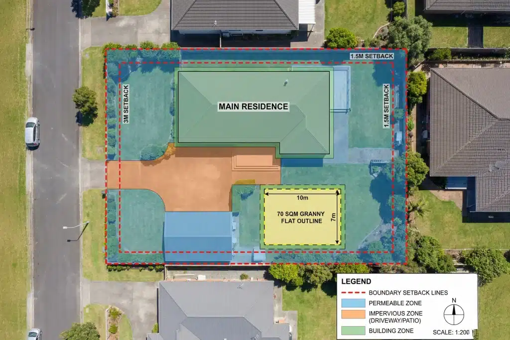 Aerial site plan showing main residence, setback lines, and a 70 sqm granny flat outline.