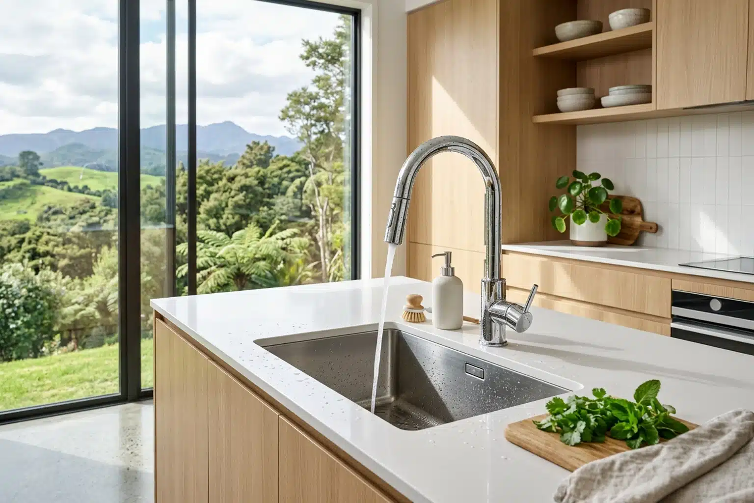Modern kitchen sink with running water from a chrome tap, suitable for content about lead-free plumbing NZ 2026 and safer household water systems