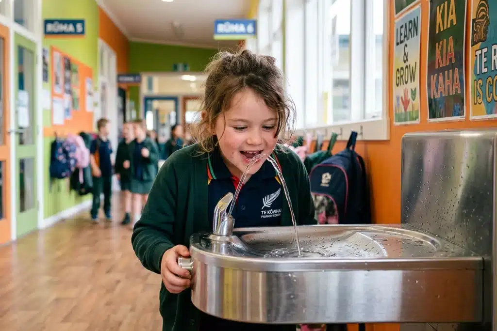 School child drinking from a stainless steel water fountain in a hallway, relevant to lead-free plumbing NZ 2026 and safer drinking water fixtures in public buildings