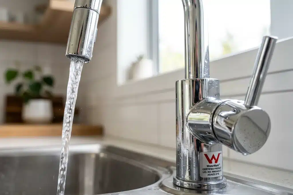 Close up of a certified lead-free kitchen tap with running water over a sink, relevant to lead-free plumbing NZ 2026 and compliant drinking water fittings