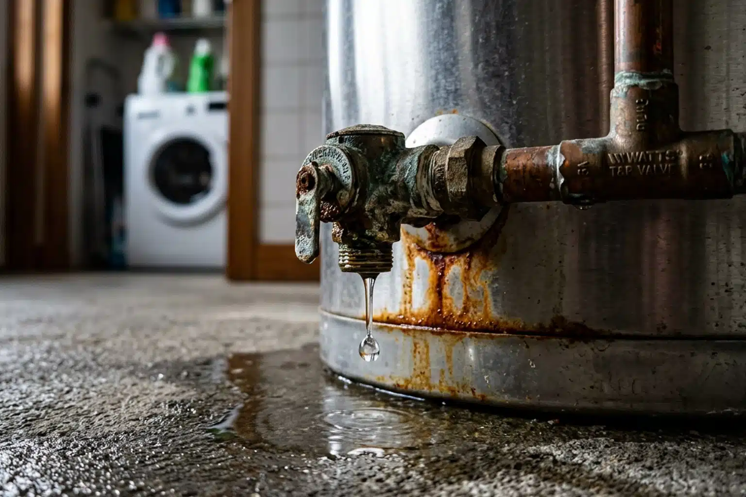 Close-up of a leaking water cylinder valve with rust and corrosion, showing a common issue that requires repair or replacement